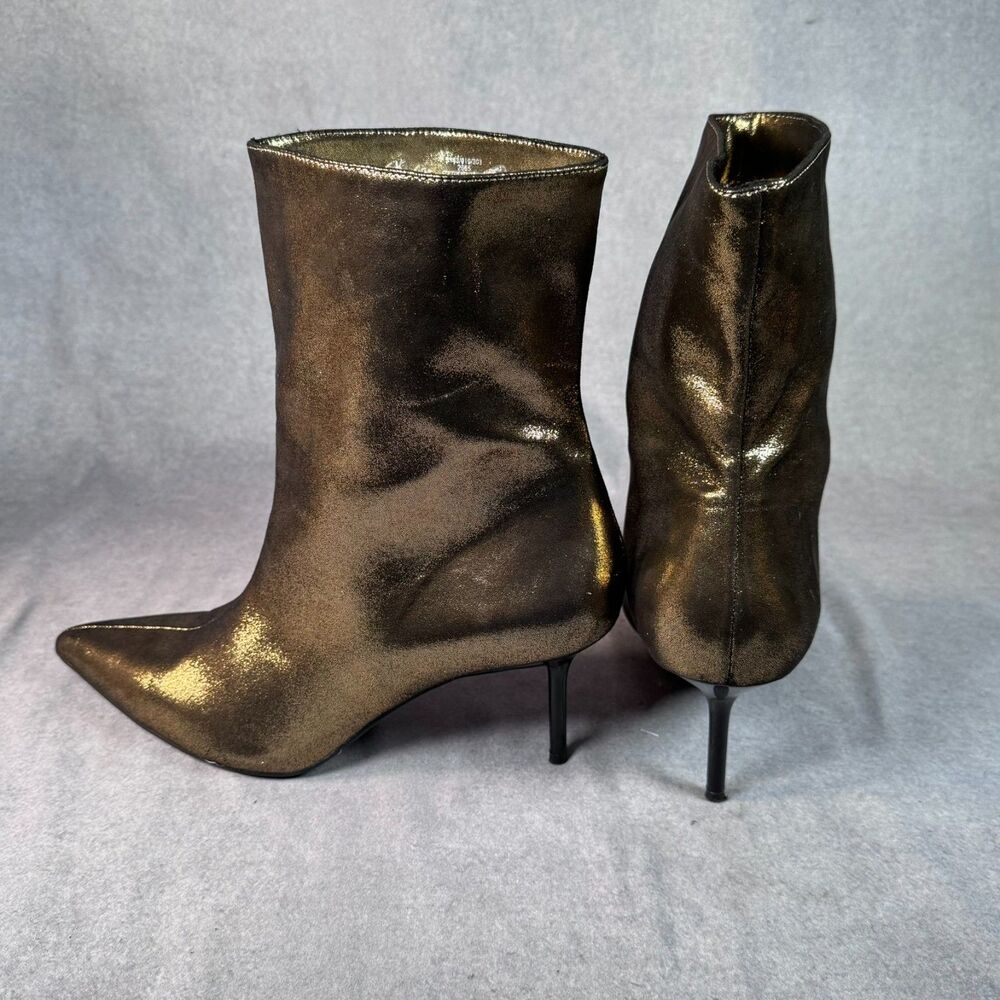 Zara Metallic Gold Stiletto Ankle Boots Pointed Toe Heeled Booties Size 10.5